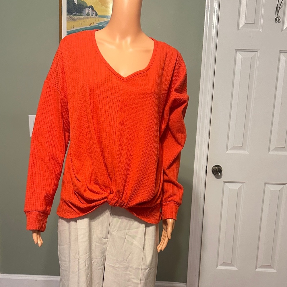 SO Orange Ribbed V-Neck Twist Top